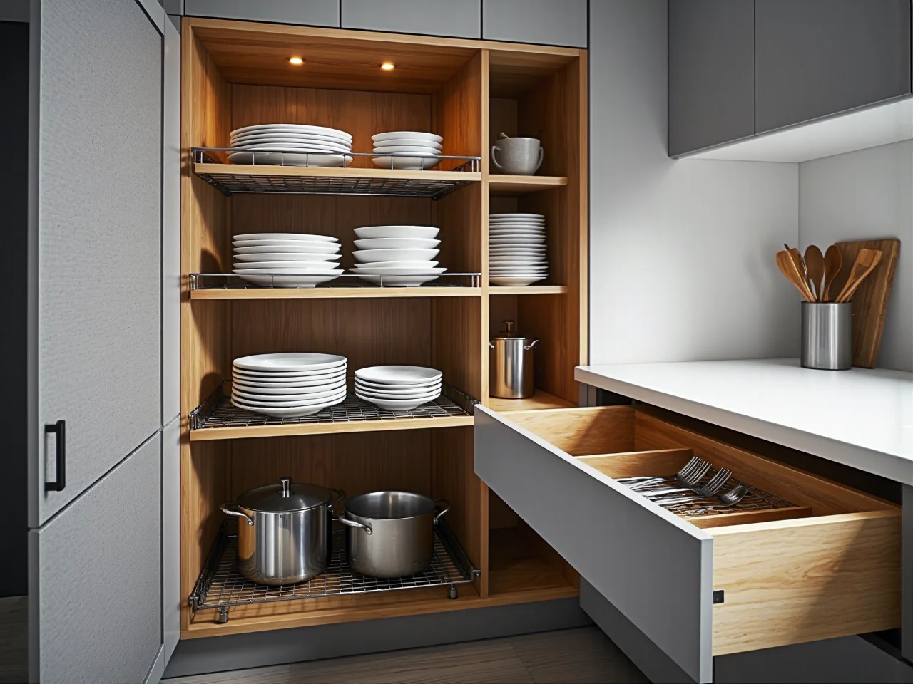 Wysuwane szafki cargo jako sprytny sposób na przechowywanie w małej kuchni.