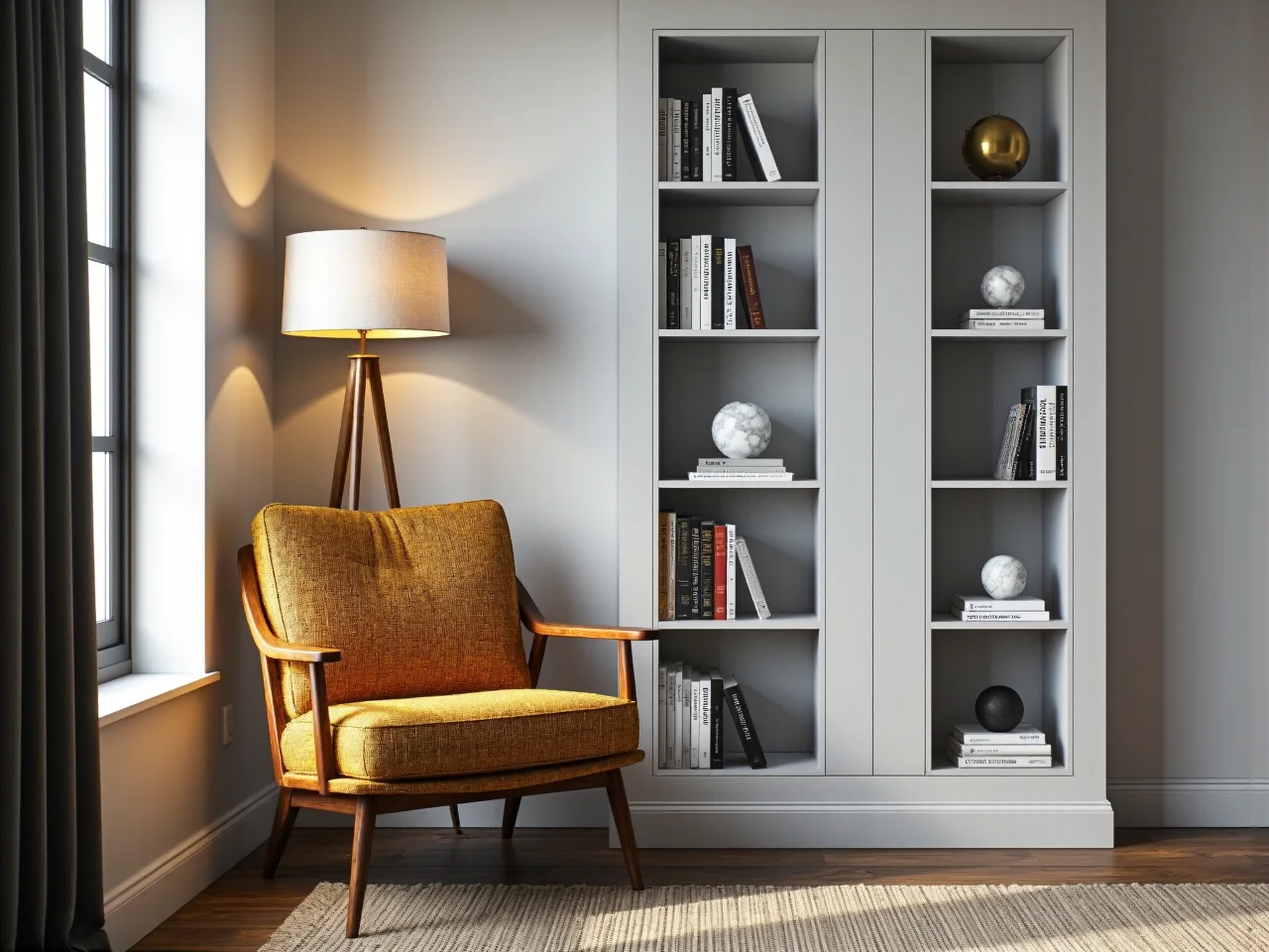 Sprytne rozwiązania do przechowywania w małym salonie, wysokie regały pod sufit.