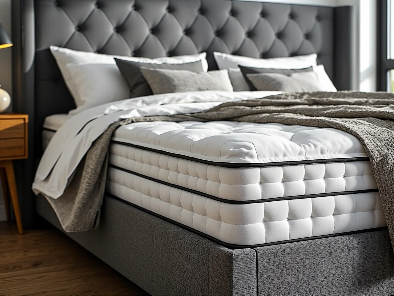 Zbliżenie na solidny, drewniany stelaż łóżka. Podstawa komfortu i trwałości mebla.