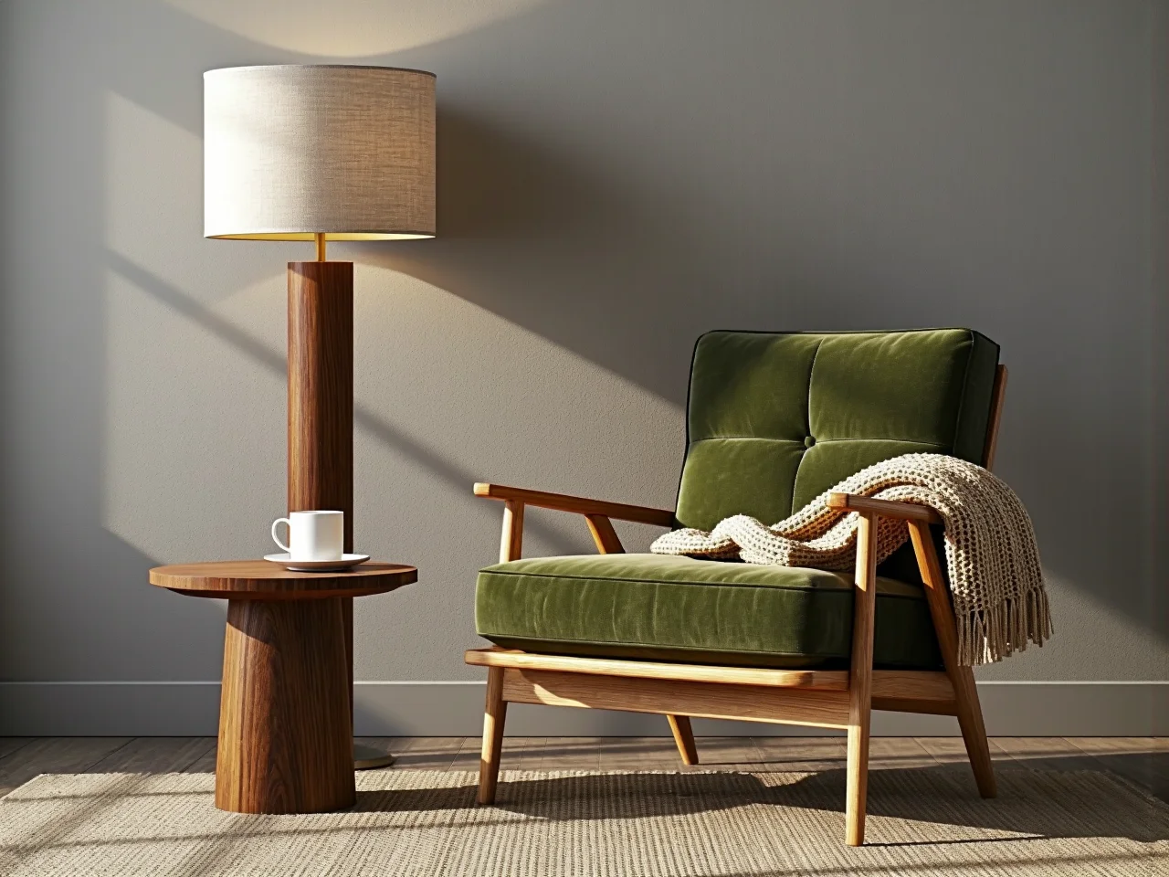 Drewniany stolik kawowy i dębowe półki w przytulnym pokoju dziennym