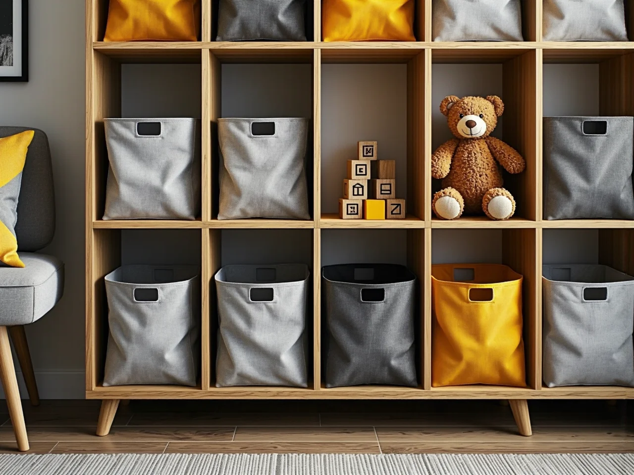 Bezpieczna strefa zabawy na dywanie w nowocześnie urządzonym pokoju malucha.