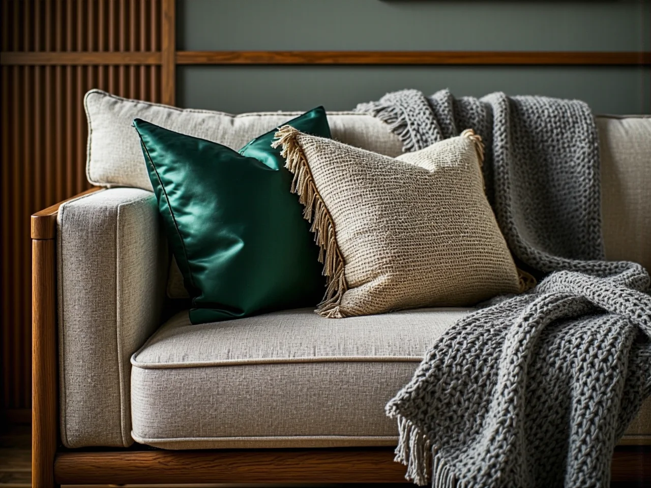 Stylowe dodatki i lustra w eleganckim salonie w bloku, dodające głębi i nowoczesnego charakteru.