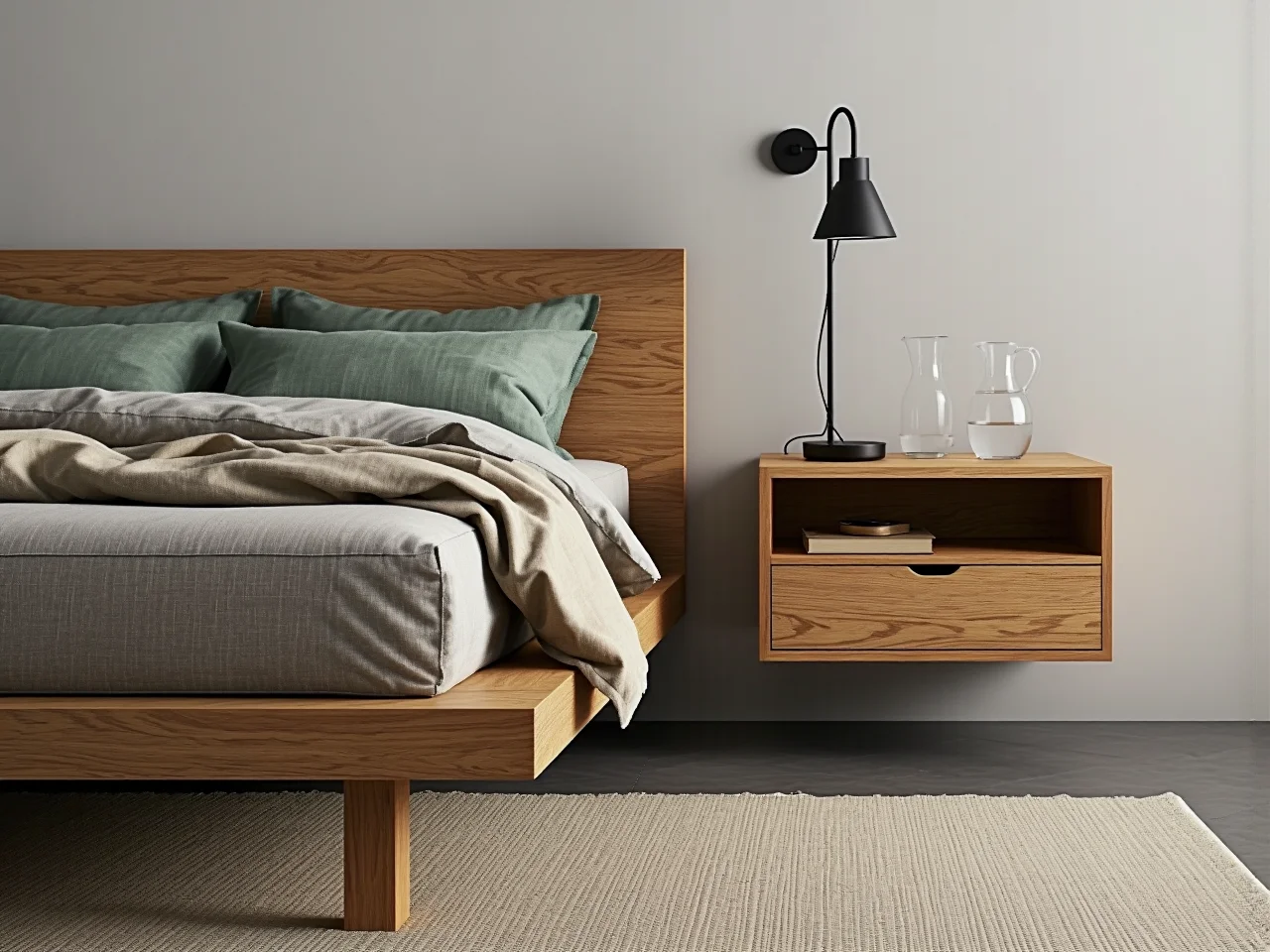 Stylowy kącik wypoczynkowy w minimalistycznym mieszkaniu, zapewniający przestrzeń i relaks.