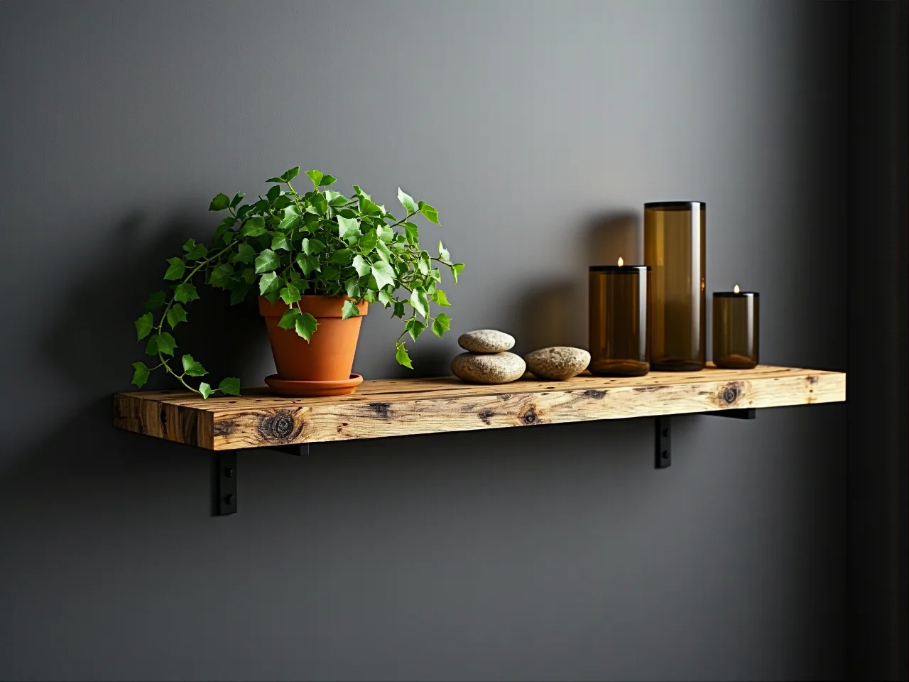 Stylowe wnętrze salonu z naturalnym drewnem i ciepłym oświetleniem