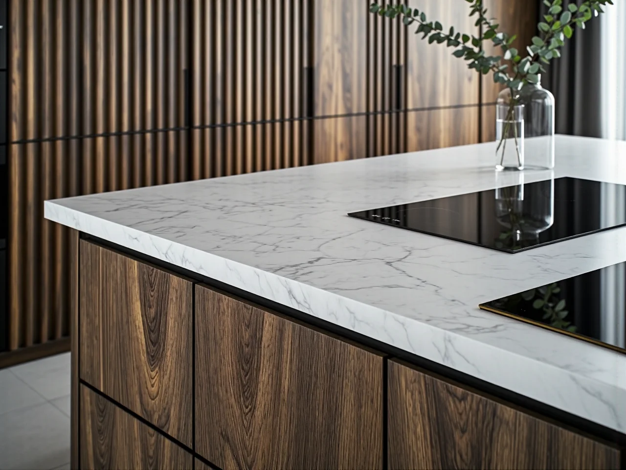 Nowoczesna kuchnia z meblami w ciepłych kolorach ziemi, prezentująca trendy na 2025 rok.