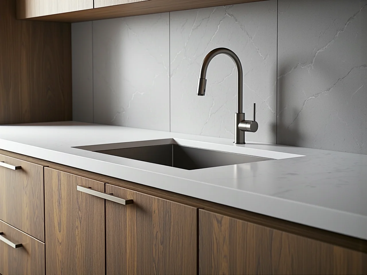 Trwałe materiały w nowoczesnej kuchni - kamienne blaty i drewniane detale.