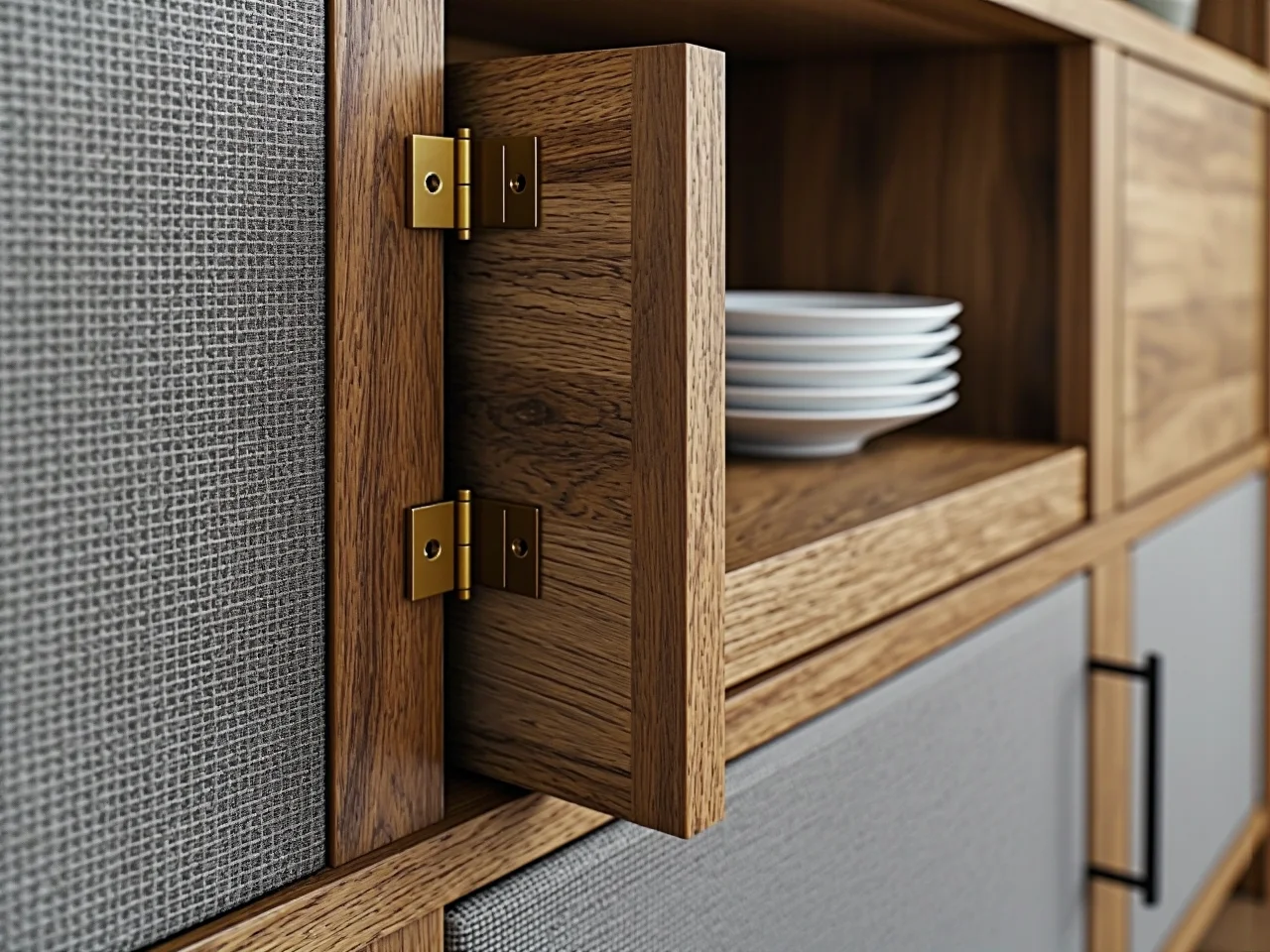Wysokiej klasy metalowe zawiasy i okucia meblowe gwarantujące niezawodne użytkowanie.