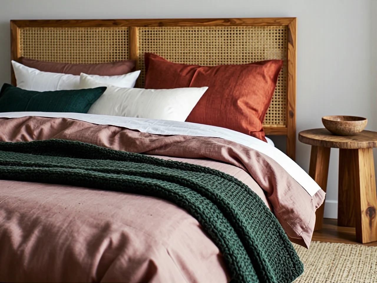 Wakacyjny klimat w domu z lnianymi tekstyliami i plecionymi dodatkami według trendów 2025.