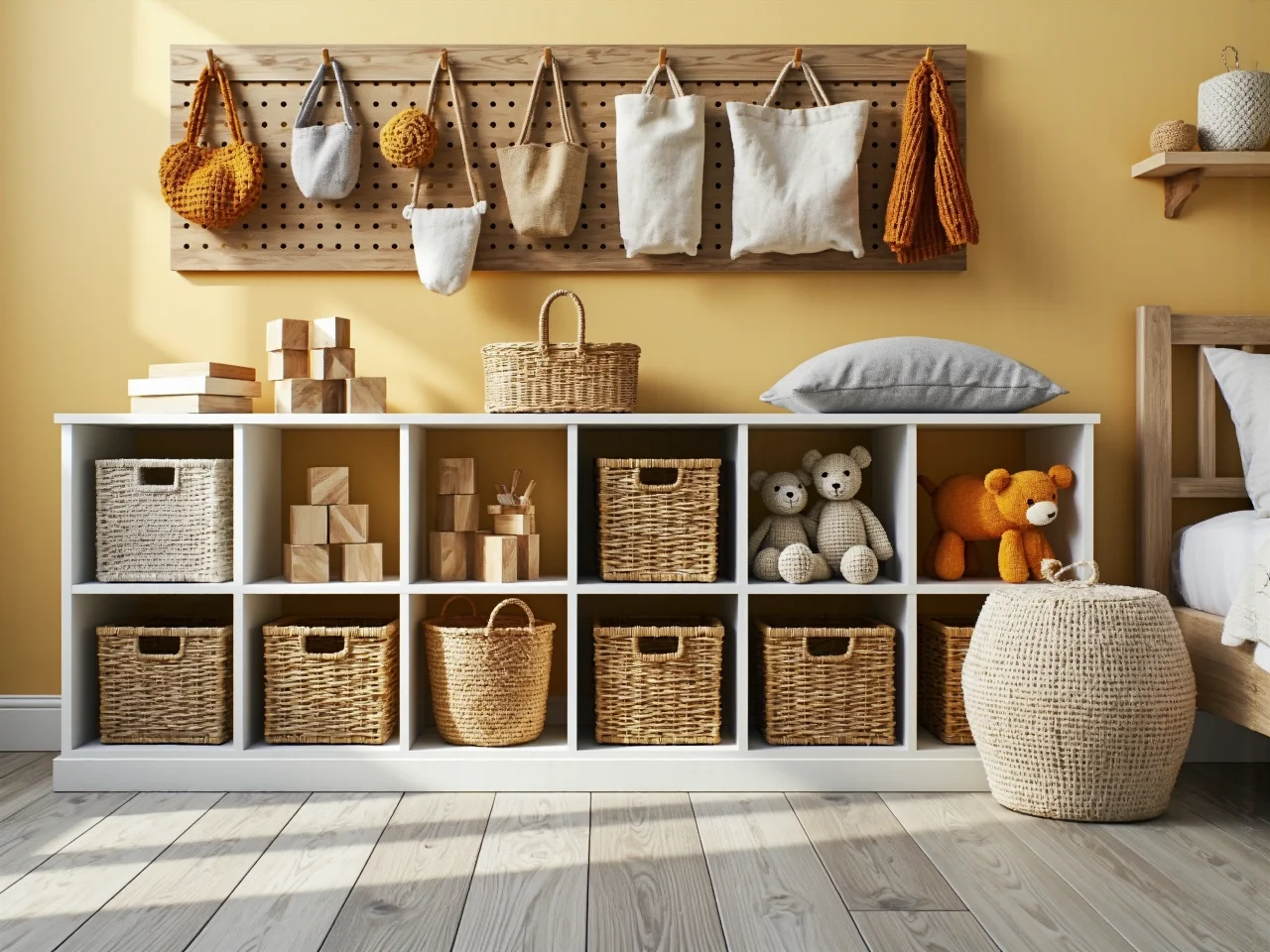 Wielofunkcyjne meble w małym pokoju dziecięcym. Składane biurko i modułowe szafki dla lepszej organizacji.