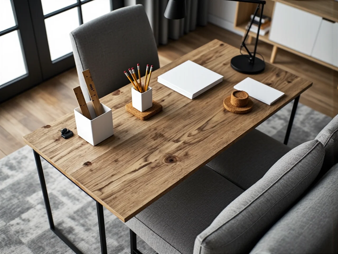 Wydzielona strefa pracy w sypialni z dobrym oświetleniem i miejscem na laptopa.