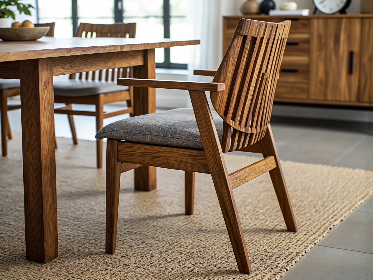 Wygodne krzesła tapicerowane wokół dużego stołu, zapewniające komfort podczas długich spotkań rodzinnych.