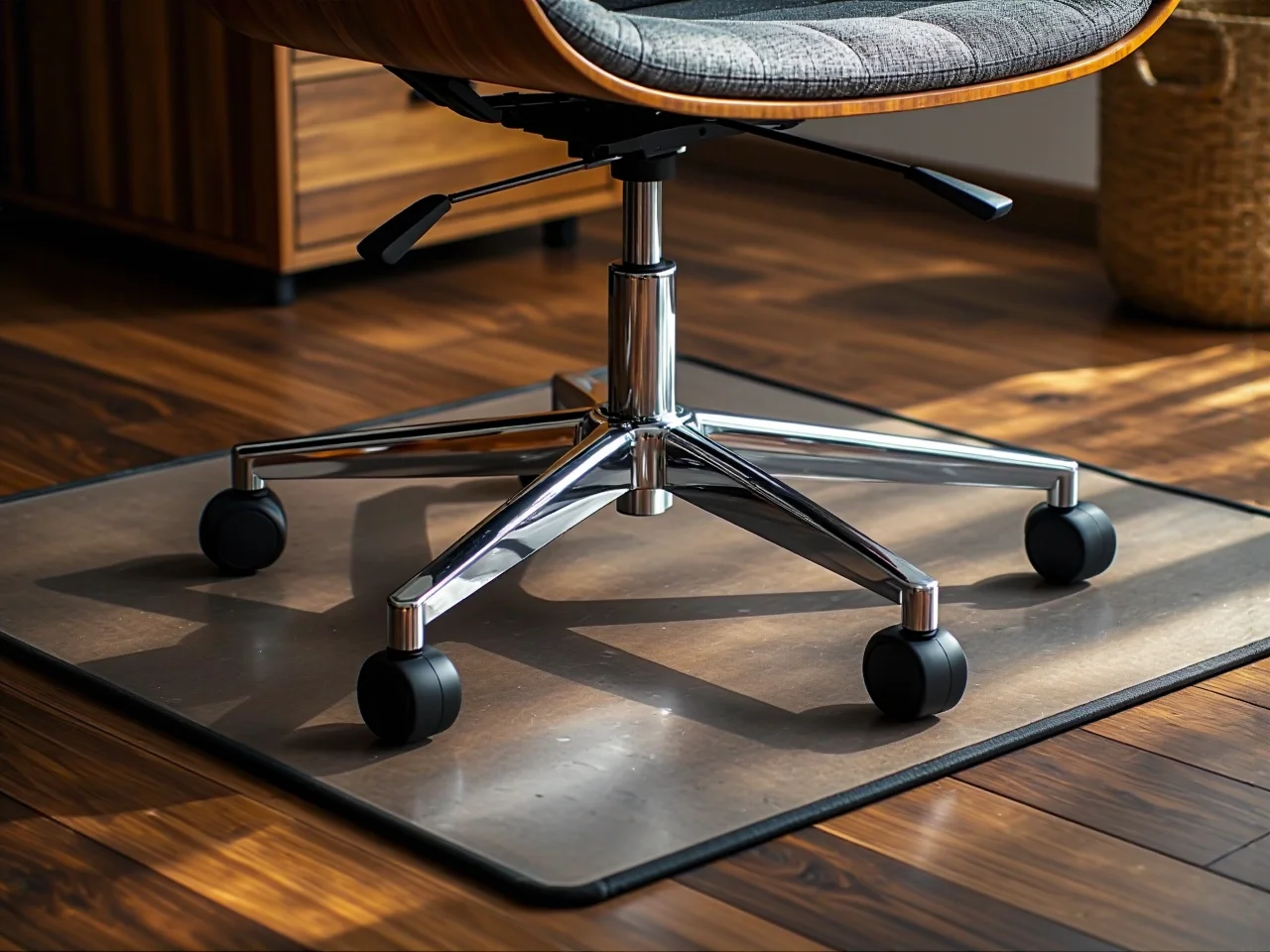 Nowoczesne stanowisko pracy z ergonomicznym fotelem zapewniającym komfort.