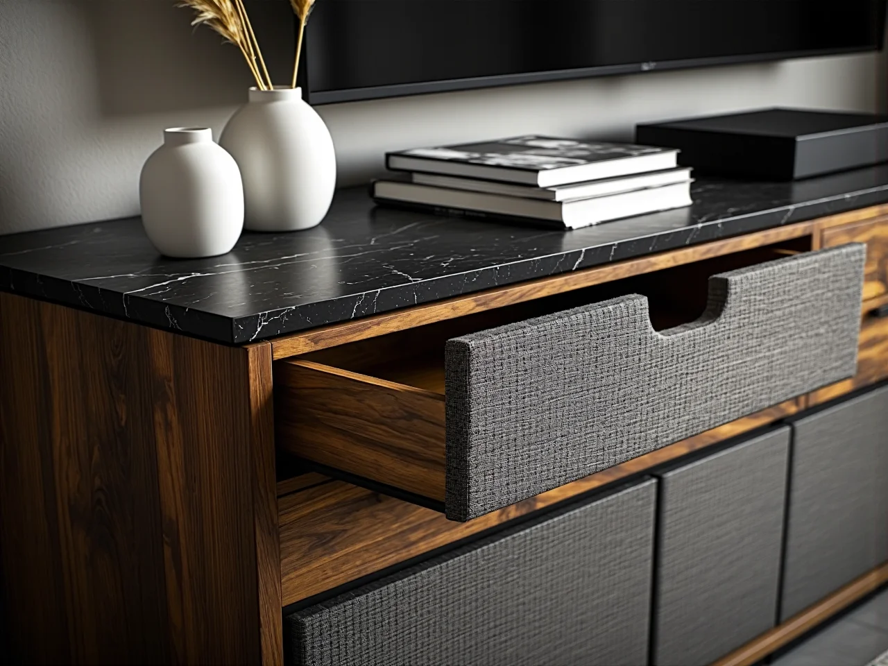 Wymiarowanie szafki RTV pod telewizor w przestronnym pokoju dziennym, by zachować proporcje.