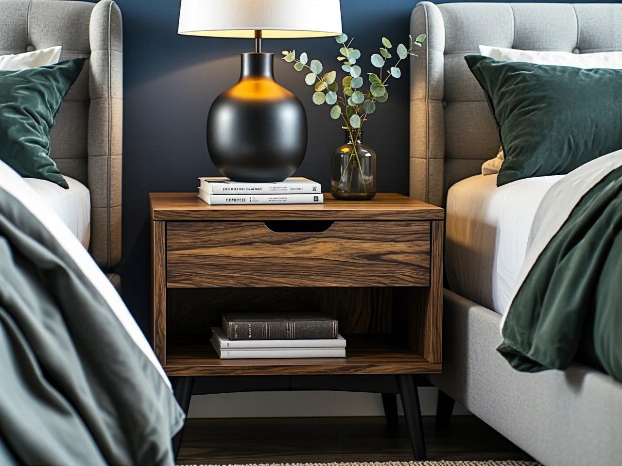 Odpowiednia wysokość stolika nocnego zrównana z materacem dla pełnego komfortu.