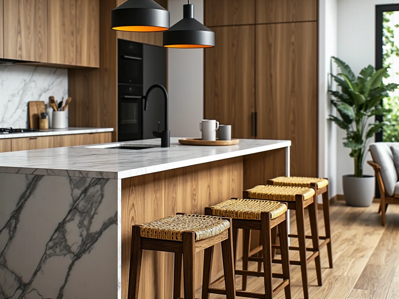 Wyspa kuchenna oddzielająca strefę gotowania od strefy relaksu w jasnym salonie.